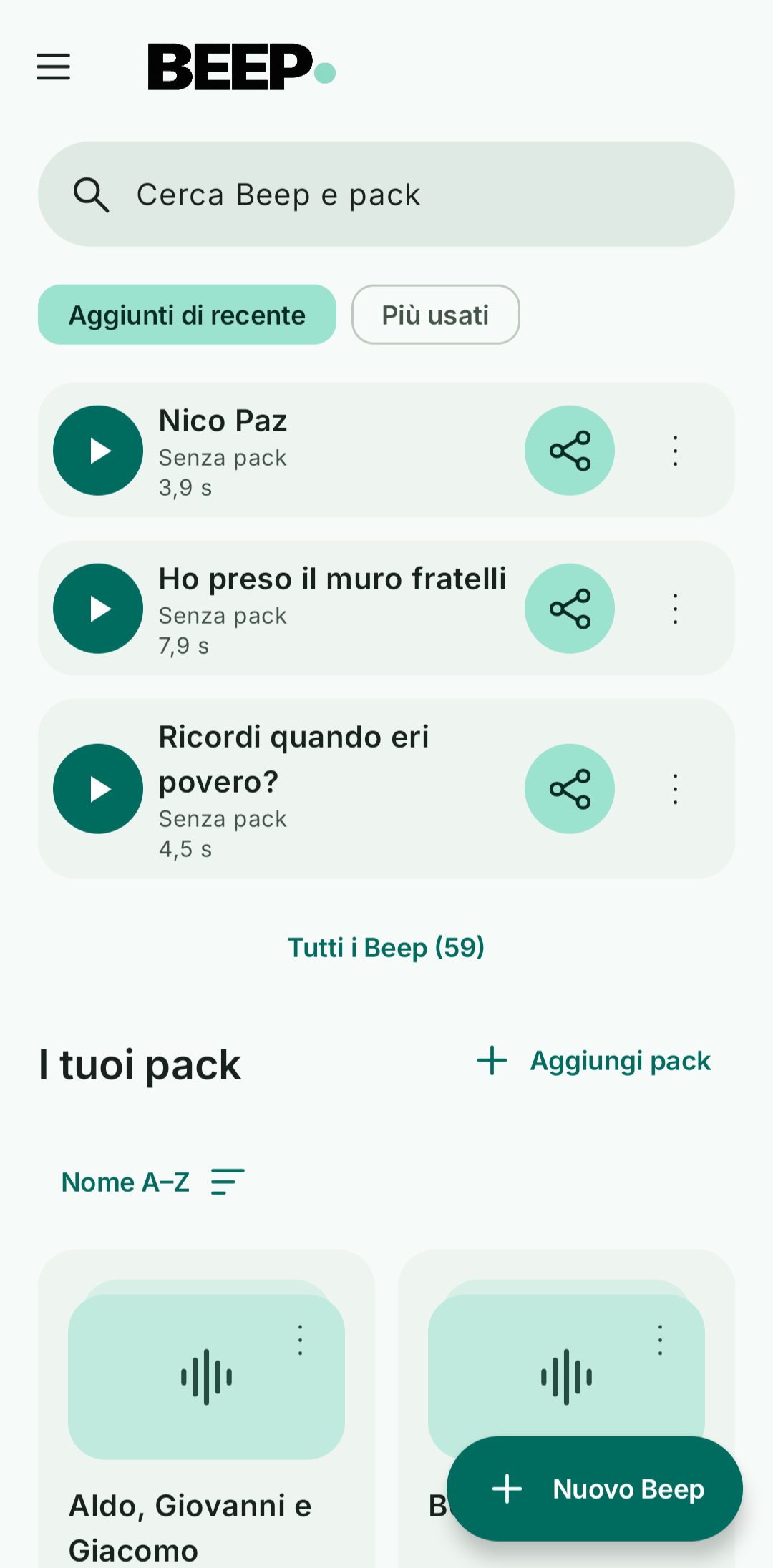 Schermata Android reale di Beep: home, audio e pack