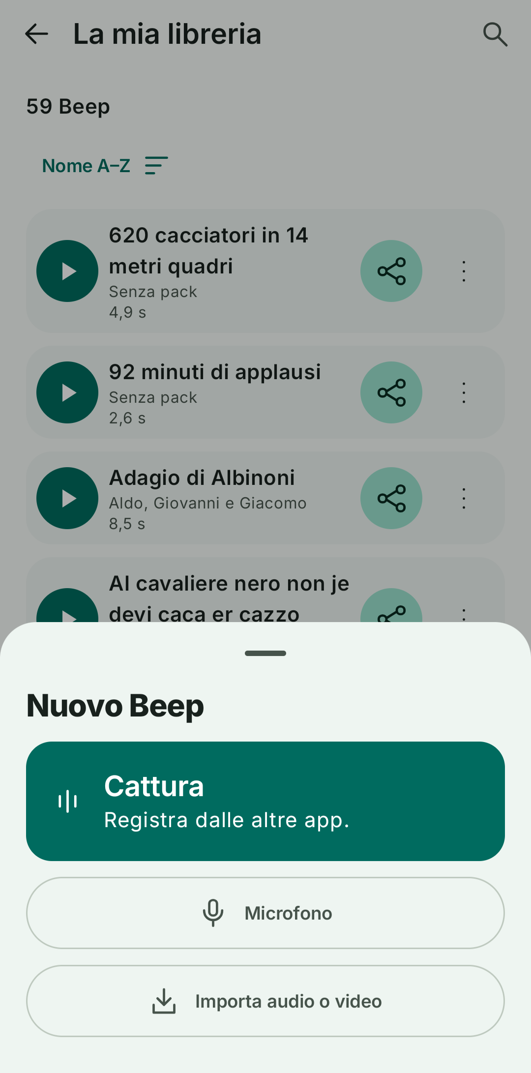 Schermata Android reale: il pannello Nuovo Beep con Cattura, Microfono e Importa