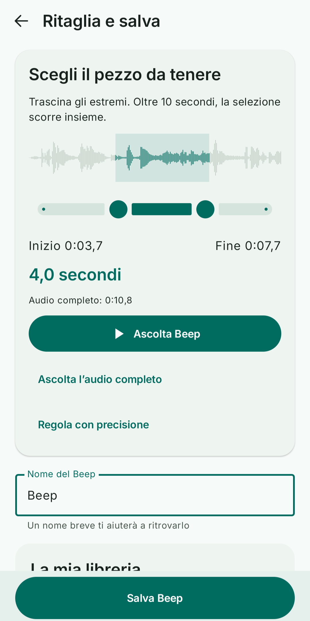 Schermata Android reale di Beep: ritaglia e salva un audio